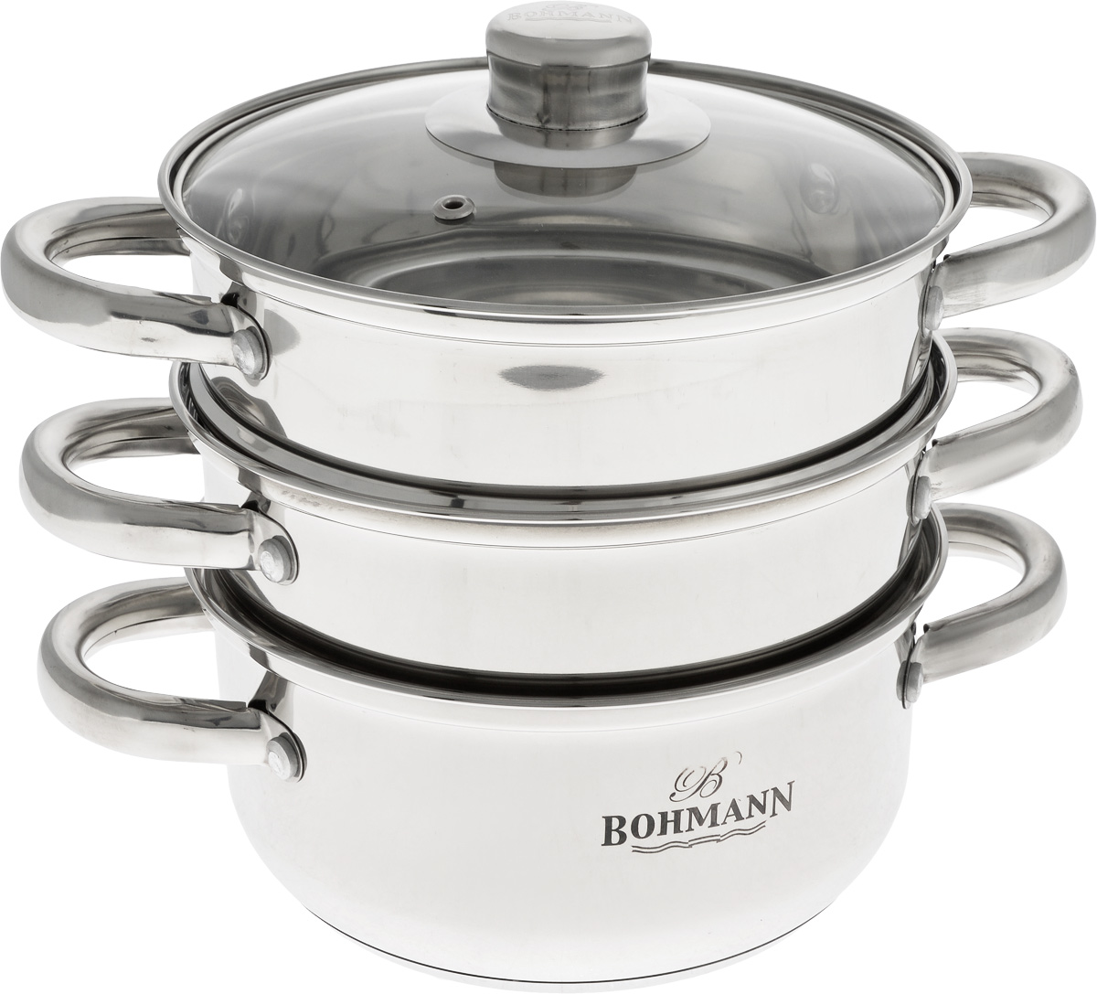 Кастрюля-пароварка Bohmann, с крышкой, 3-уровневая, 5,5 л94672 Кастрюля-пароварка Bohmann, с крышкой, 3-уровневая, 5,5 л94672Кастрюля-пароварка Marta, изготовленная из высококачественной нержавеющей стали, состоит из 3 уровней: нижней кастрюли и кастрюль с отверстиями в основании. А также оснащена удобными ручками и крышкой. Такая пароварка идеально подходит для приготовления и разогрева продуктов на пару. Нержавеющая сталь отличается высокой экологической чистотой и долговечностью, устойчива к воздействию пищевых кислот, не образует соединений с компонентами пищи. Жаропрочная стеклянная крышка плотно прилегает к краям посуды, имеет отверстие для выхода пара, сохраняя аромат и вкус блюд. При этом можнонаблюдать за готовностью пищи без потери тепла. Крышка оснащенаудобной ручкой.Подходит для всех плит, включая индукционные. Можно мыть в посудомоечной машине.Общий объем изделия: 5,5 л.Объем кастрюли-бойлера: 2,2 л.Диаметр (по верхнему краю) кастрюли-бойлера: 18 см.Высота стенки кастрюли-бойлера: 9 см.Диаметр индукционного кастрюли-бойлера: 15 см.Диаметр верхнего уровня (по верхнему краю): 18 см.Высота стенки верхнего уровня: 8,5 см.Ширина верхнего уровня (с учетом ручек): 27 см.Диаметр основания верхнего уровня: 15 см.Общая высота кастрюли-пароварки (с учетом крышки): 18 см.