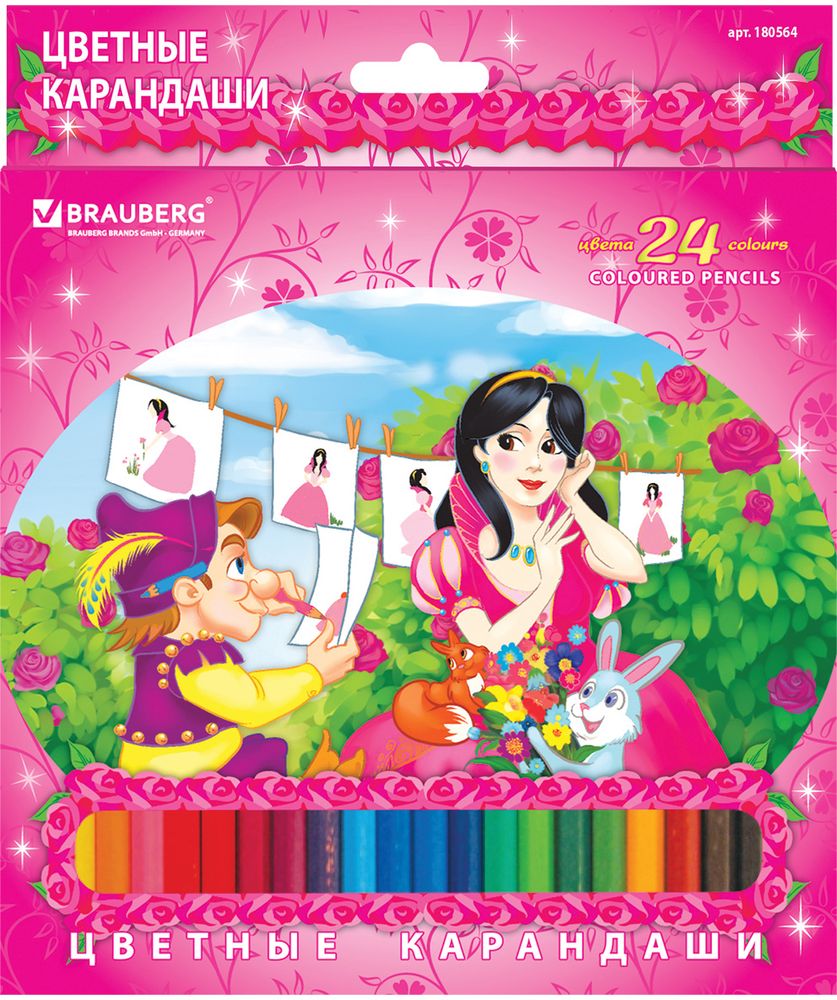 Brauberg Набор цветных карандашей Rose Angel 24 цветаPP-220 Brauberg Набор цветных карандашей Rose Angel 24 цветаPP-220В набор входят 24 цветных карандаша, изготовленных из древесины 1-го сорта и оснащенных грифелем высокого качества, благодаря которому штрихи мягко и ровно ложатся на бумагу. Яркая упаковка украшена привлекательным изображением сказочной принцессы. 24 цвета. Диаметр грифеля - 3 мм. Высокосортная древесина. Шестигранный корпус. Легко затачиваются. Картонная упаковка с европодвесом.