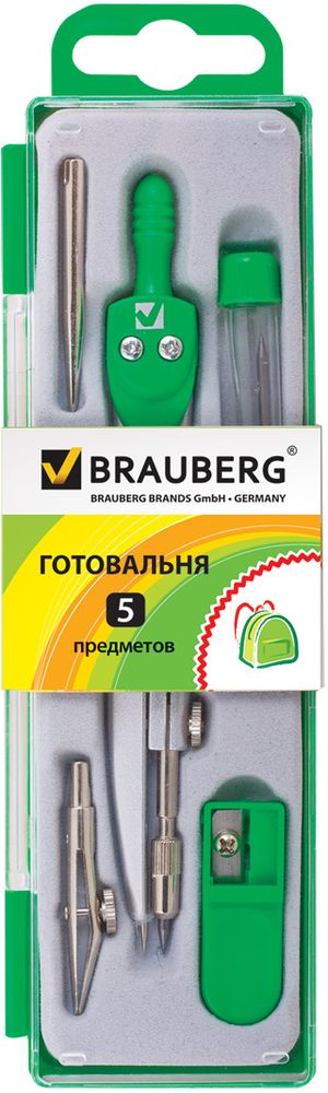 Brauberg Готовальня Klasse 5 предметовFS-36054 Brauberg Готовальня Klasse 5 предметовFS-36054Металлическая готовальня предназначена для учеников младших и средних классов. В состав готовальни входят 5 предметов.• Циркуль - 125 мм. • Рейсфедерная вставка. • Игольная вставка. • Точилка. • Запасной грифель. • Упаковка - пластиковый пенал ярко-зеленого цвета с прозрачной крышкой.