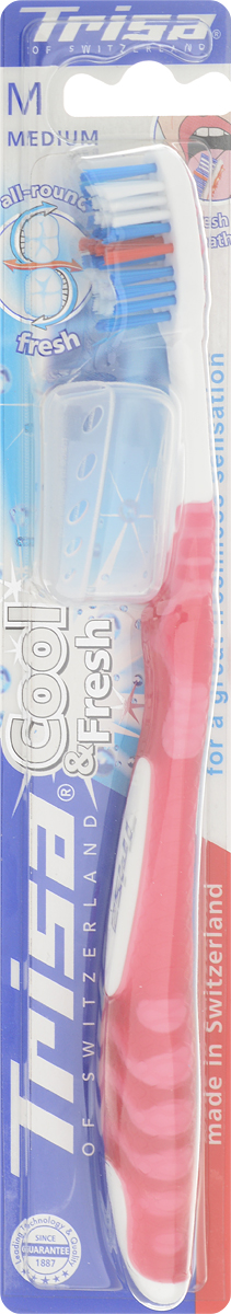 Trisa Зубная щетка Cool & Fresh, средняя жесткость, цвет: бордовый4605845001470 Trisa Зубная щетка Cool & Fresh, средняя жесткость, цвет: бордовый4605845001470Зубная щетка Trisa Cool & Fresh - щетина средней степени жесткости - произведена в Швейцарии в соответствии с новейшими научными разработками. Многоуровневые щетинки подстраиваются под индивидуальную форму зуба и удаляют налет даже по линии десневого края. С помощью приятного скребка для языка можно удалить бактерии, вызывающие неприятный запах, с языка и щеки. Комбинация скребка для языка и многоуровневых щетинок обеспечивает эффективное удаление налета и сохраняет свежее дыхание.