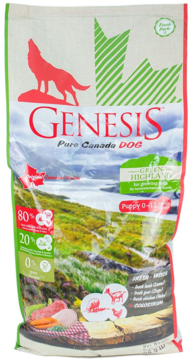 Корм сухой Genesis Pure Canada Green Highland для щенков, юниоров, беременных и кормящих собак, с курицей, козой и ягненком, 11,79 кг0120710 Корм сухой Genesis Pure Canada Green Highland для щенков, юниоров, беременных и кормящих собак, с курицей, козой и ягненком, 11,79 кг0120710Сухой полнорационный беззерновой корм класса холистик для щенков, юниоров, беременных и кормящих взрослых собак всех пород с курицей, козой и ягненком.Диаметр гранулы: 12 мм.Ингредиенты: Свежая курица (мин. 56 %), белок из мяса кур (дегидратированный, мин. 12,5 %), кормовые бананы (плантан) (сушёные, мин. 9,2 %), свежее мясо коз (мин. 6 %), морковь (сушёная, мин. 4 %), сухое обезжиренное молоко (мин. 2 %), свежее мясо ягненка (мин. 2 %), чечевица (сушеная), нут (сушёный), гидролизованный протеин, семена подорожника, льняное семя, молозиво (мин. 0,3 %), черника (сушёная, мин. 0,1 %), клюква (сушёная), экстракт зеленой мидии (сушёные, мин 0,1 %), дикая крапива (сушёная), листья ежевики (сушёные), тысячелистник (сушёный), фенхель (сушёный, мин. 0,02 %), тмин (сушёный), цветки ромашки (сушёные, мин. 0,02 %), омела (сушёная), корень горечавки (сушёный), золототысячник обыкновенный (сушёный).