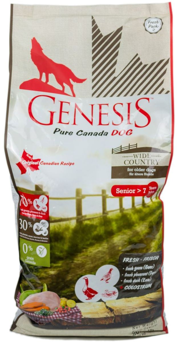 Корм сухой Genesis Pure Canada Wide Country Senior для пожилых собак, с мясом гуся, фазана, утки и курицы, 11,79 кг0120710 Корм сухой Genesis Pure Canada Wide Country Senior для пожилых собак, с мясом гуся, фазана, утки и курицы, 11,79 кг0120710Полнорационный беззерновой сухой корм класса холистик для пожилых собак всех пород с мясом гуся, фазана, утки и курицы.Ингредиенты: Свежая курица (мин. 54,5 %), свежее мясо гуся (мин. 6 %), свежее мясо утки (мин. 6 %), порошок целлюлозы, картофельная мука (мин. 4,5 %), горох (сушёный), картофельный крахмал (мин. 3,5 %), свежее мясо фазана (мин. 2 %), морковь (сушёная, мин. 2 %), кормовые бананы (плантан) (сушёные, мин. 2 %), нут (сушёный), чечевица (сушеная), гидролизованный протеин, семена подорожника, молозиво (мин. 0,3 %), клюква (сушёная), черника (сушёная, мин. 0,1 %), экстракт зеленой мидии (сушёные, мин 0,1 %), дикая крапива (сушёная), листья ежевики (сушёные, мин. 0,02 %), тысячелистник (сушёный, мин. 0,02 %), фенхель (сушёный), тмин (сушёный), цветки ромашки (сушёные), омела (сушёная), корень горечавки (сушёный), золототысячник обыкновенный (сушёный), порошок из цикория.