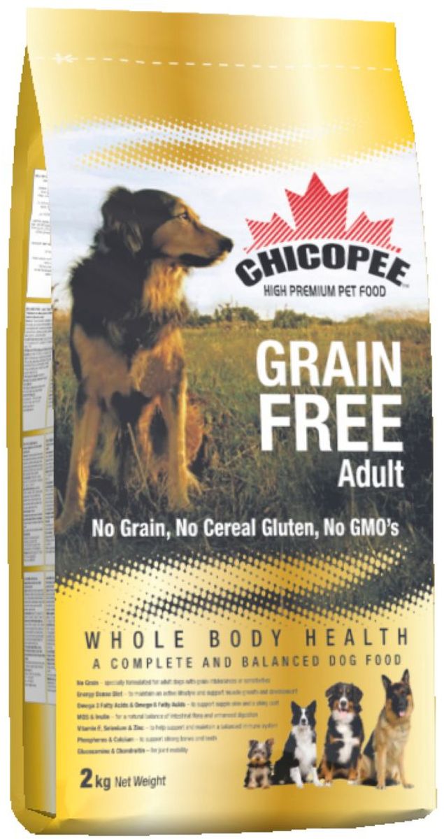 Корм сухой Chicopee Grain Free для взрослых собак с пищевой аллергией или слабым пищеварительным трактом, беззерновой, 2 кг0120710 Корм сухой Chicopee Grain Free для взрослых собак с пищевой аллергией или слабым пищеварительным трактом, беззерновой, 2 кг0120710Собака, страдающая пищевой аллергией или слабым пищеварительным трактом, нуждается в полноценном и сбалансированном питании, не содержащим аллергена — вещества, которое вызывает неприятные симптомы болезни. Именно в таких случаях, для собак идеально подойдёт беззерновой корм Chicopee.Как следует из названия, беззерновой корм для собак всех пород не содержит злаков, но имеет в своем составе альтернативный источник углеводов — сушёный горох и картофель. Таким образом, исключенный из рациона продукт, вызывающий аллергию или сложности с пищеварением, восполняется ингредиентом, равноценным по питательной ценности и пищевым качествам.Главные преимущества беззернового рациона Chicopee:Отсутствие глютена (протеина, содержащегося в злаках), который разрушает ворсинки в тонком кишечнике собаки, приводя к недостаточному впитываю питательных веществ.Сушеный горох и пульпа сахарной свеклы, содержащиеся в корме, являются полноценными источниками растительного белка, а также богаты пищевыми волокнами, витаминами и минеральными веществами, улучшающими работу ЖКТ.Значительное содержание животных белков обеспечивает длительное чувство сытости у собаки и поддержание ее физической формы за счет увеличения мышечной массы и усиления защитных функций организма.Маннановые олигосахариды и инулин улучшают баланс кишечной микрофлоры и всасываемости питательных веществ, в результате нормализуется работа всей пищеварительной системы.Так же благодаря пивным дрожжам и рыбьему жиру улучшается состояние кожи животного, восстанавливается его шерстный покров, волосы при этом становятся более крепкими и блестящими.Ингредиенты: мука из мяса домашней птицы, картофельная мука, сушеный горох, жир домашней птицы, свекловичный жом, яичный порошок, рыбная мука, гидролизат белка, рыбий жир, сухие дрожжи, поваренная соль, корень цикория (инулин 0.10%), дрожжевой экстракт (МОS 0.10%), глюкозамина гидрохлорид, хондроитина сульфат.Добавки на 1 кг:Витамин A 15 500 МЕ, Витамин D3 1 250 МЕ, Витамин E 160 мг, Медь (сульфат меди, пентагидрат) 10 мг, Цинк (оксид цинка) 95 мг, Цинк (хелат цинка из гидрата аминокислот) 45 мг, Йод (йодат кальция обезвоженный) 3.0 мг, Селен (селенид натрия) 0.2 мг.