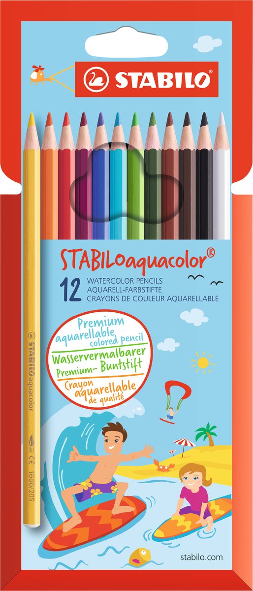 Stabilo Набор цветных карандашей Aquacolor 12 цветовPP-220 Stabilo Набор цветных карандашей Aquacolor 12 цветовPP-220Для создания рисунков с эффектом акварельных красок, надо растушевать рисунок кистью с водой или увлажнить бумагу перед рисованием. Идеально подходит для рисования в качестве классического цветного карандаша благодаря насыщенным цветам и мягкому грифелю, обеспечивающему легкость нанесения и отличную смешиваемость цветов. Stabilo aquacolor в наборах 12, 18, 24 и 36 цветов в картонной упаковке.