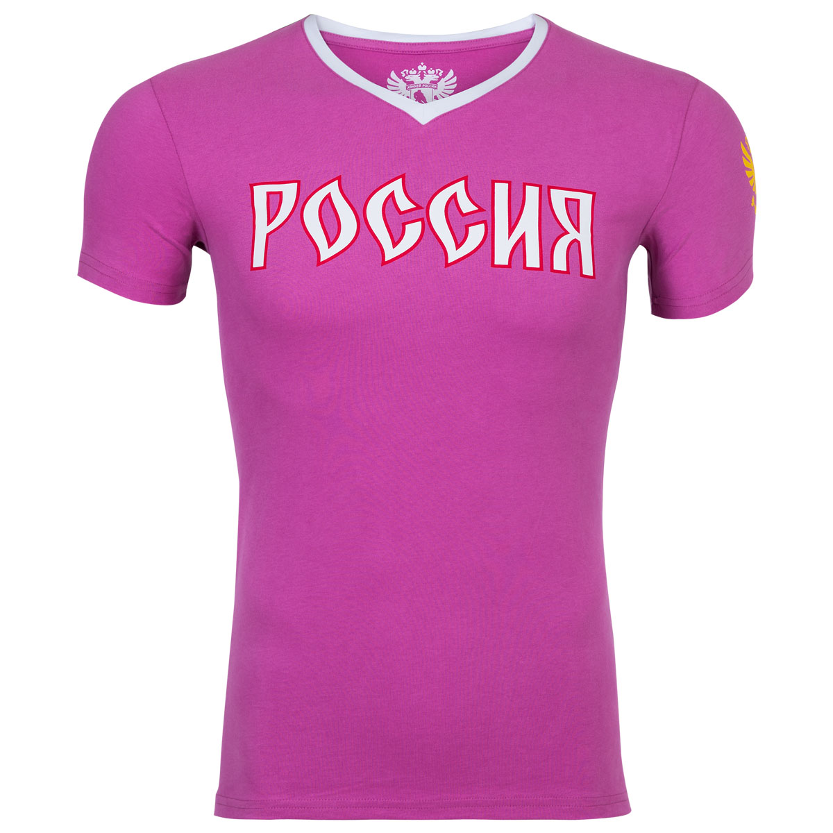 Футболка с логотипом ХК65160045 Футболка с логотипом ХК65160045Женская футболка Красная Машина Россия изготовлена из натурального хлопка. Модель с V-образным вырезом горловины и короткими рукавами оформлена спереди надписью, на рукаве - символикой российского хоккея. Вырез горловины дополнен контрастной вставкой.
