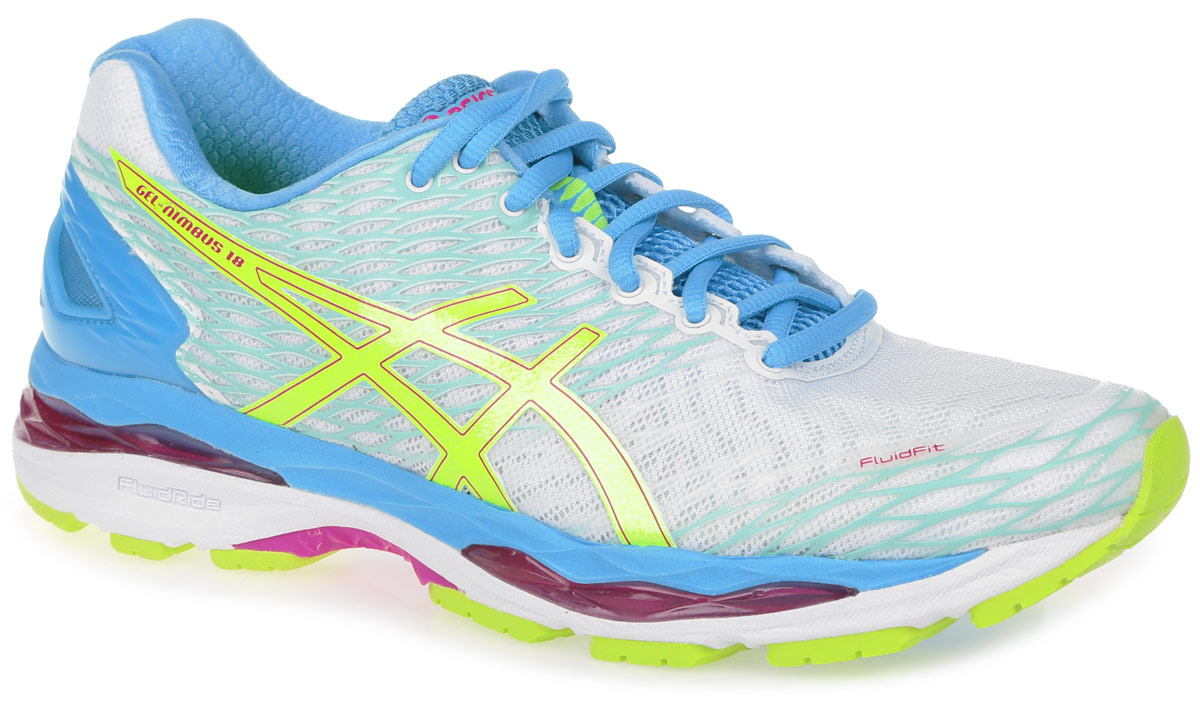 Кроссовки для бега женские Asics Gel-Nimbus 18, цвет: белый, голубой. T650N-0107. Размер 9H (40)T650N-0107 Кроссовки для бега женские Asics Gel-Nimbus 18, цвет: белый, голубой. T650N-0107. Размер 9H (40)T650N-0107Стильные женские кроссовки Gel-Nimbus 18 от Asics идеальная обувь для бега на длинные и короткие дистанции. Верх модели выполнен из сетчатого текстиля и дополнен бесшовными накладками. Внутренняя поверхность из текстиля не натирает. Стелька из материала ЭВА с текстильной поверхностью комфортна при движении. Классическая шнуровка надежно зафиксирует изделие на ноге. Вставка из полимера в пяточной части гарантирует поддержку и фиксацию стопы. Упругая средняя подошва FluidRide обеспечивает дополнительную амортизацию. Пластиковый литой элемент Trusstic в средней части подошвы препятствует скручиванию стопы. Вставки в промежуточной подошве из термостойкого геля на силиконовой основе значительно уменьшают нагрузку на пятку, колени и позвоночник спортсмена, снижая возможность получения травмы. Технология FluidFit - обеспечивает идеальную посадку кроссовка на стопе и приятный бег в любых условиях.Рифление на подошве обеспечивает отличное сцепление с любой поверхностью.