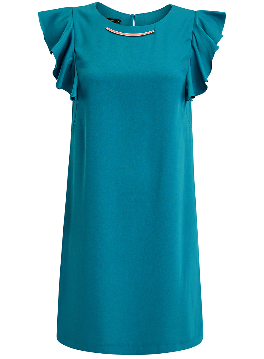 Платье oodji Collection, цвет: бирюзовый. 21909002/42720/7300N. Размер 40 (46-170)21909002/42720/7300N Платье oodji Collection, цвет: бирюзовый. 21909002/42720/7300N. Размер 40 (46-170)21909002/42720/7300NПлатье oodji Collection выполнено из эластичного полиэстера. Укороченная модель без рукавов имеет круглый вырез горловины. Платье застегивается на пуговицу на спинке. На плечах расположены вставки с крупными воланами, под горловиной платье украшено металлическим декоративным элементом.