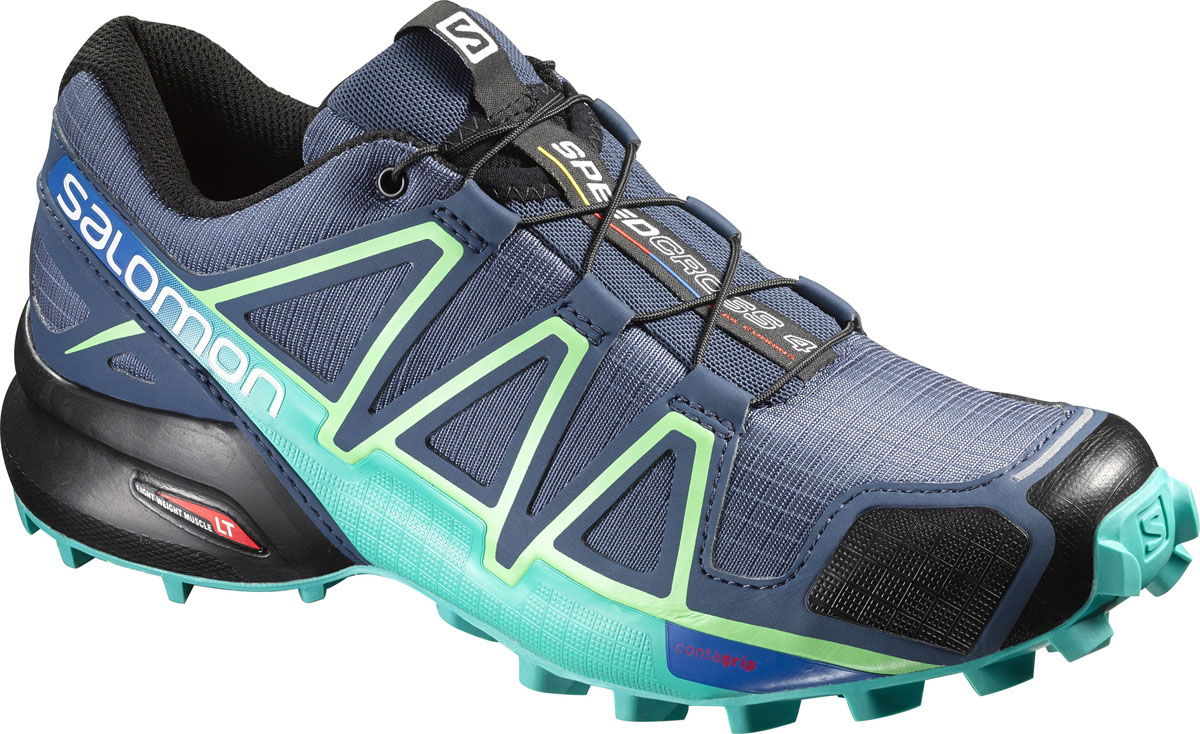 Кроссовки для бега женские Salomon Speedcross 4 W, цвет: синий, зеленый. L38310400. Размер 7,5 (40)L38310400 Кроссовки для бега женские Salomon Speedcross 4 W, цвет: синий, зеленый. L38310400. Размер 7,5 (40)L38310400Беговые женские кроссовки от Salomon Speedcross 4 W выполнены на 64,3% из синтетического материала и на 35,7% из текстиля. Конструкция верха Sensifit с пропиткой Mudguard не пропускает грязь и воду. Подъем оформлен шнуровкой с фиксатором, благодаря которой обувь сидит плотно на ноге, и дополнен кармашком для шнурков. Стелька Ortholite из ЭВА материала с текстильным верхним покрытием создает более прохладное и сухое пространство под стопой. Мягкая верхняя часть и подкладка, изготовленная из текстиля, обеспечивают дополнительный комфорт и предотвращают натирание. Язычок дополнен текстильной нашивкой с символикой бренда. Светоотражающие элементы обеспечат лучшую видимость в темное время суток. Подошва Contagrip не оставляет следов и обеспечивает отличное сцепление со скользкой поверхностью. Такие кроссовки займут достойное место в коллекции вашей спортивной обуви.