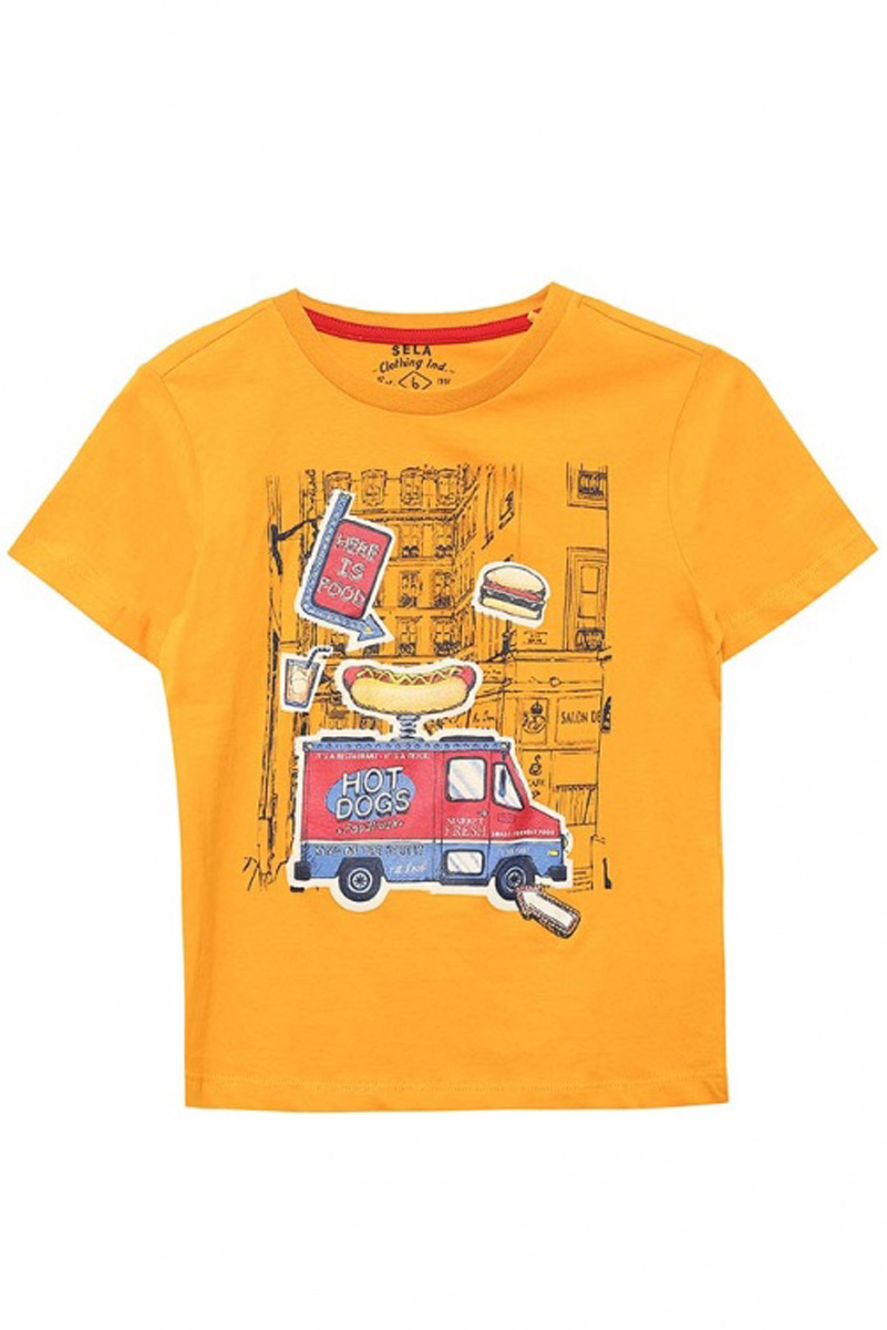Футболка для мальчика Sela, цвет: ярко-желтый. Ts-711/510-7111. Размер 110, 5 летTs-711/510-7111 Футболка для мальчика Sela, цвет: ярко-желтый. Ts-711/510-7111. Размер 110, 5 летTs-711/510-7111Стильная футболка для мальчика Sela изготовлена из натурального хлопка и оформлена оригинальным принтом. Воротник дополнен мягкой трикотажной резинкой.Яркий цвет модели позволяет создавать модные образы.