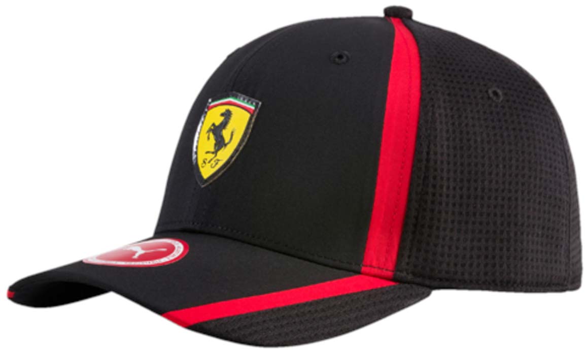 Бейсболка021202_01 Бейсболка021202_01Бейсболка Ferrari Fanwear redline cap с двухслойным изогнутым козырьком отлично защитит от солнца и обеспечит максимальный комфорт благодаря микрофибре, способной пропускать воздух. Отрегулировать размер изделия можно с помощью тканевого ремешка на задней части изделия. Вентиляция обеспечивается специальными вышитыми люверсами на всей поверхности бейсболки и сетчатыми боковыми вставками. Влаговпитывающая тесьма с сетчатой вставкой обеспечивает больший комфорт. На внутренней части козырька также имеется сетчатая вставка. Бейсболка декорирована гербом Ferrari спереди и логотипом Puma сзади.