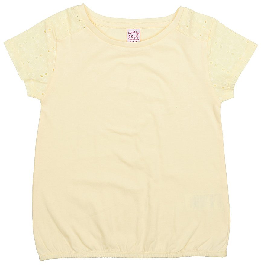 Футболка для девочки Sela, цвет: светло-желтый. Ts-611/982-7224. Размер 128, 8 летTs-611/982-7224 Футболка для девочки Sela, цвет: светло-желтый. Ts-611/982-7224. Размер 128, 8 летTs-611/982-7224Стильная футболка для девочки Sela выполнена из натурального хлопка. Модель прямого кроя с круглым вырезом горловины и короткими рукавами-реглан, оформленными вышивкой и перфорацией, подойдет для прогулок и дружеских встреч и будет отлично сочетаться с джинсами и брюками, а также гармонично смотреться с юбками. Низ изделия собран на резинку.