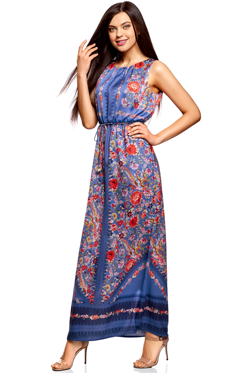 Платье жен oodji Collection, цвет: синий, красный, цветы. 21900323-3M/42873/7545F. Размер 42-164 (48-164)21900323-3M/42873/7545F Платье жен oodji Collection, цвет: синий, красный, цветы. 21900323-3M/42873/7545F. Размер 42-164 (48-164)21900323-3M/42873/7545FПлатье макси с резинкой на талии и завязками