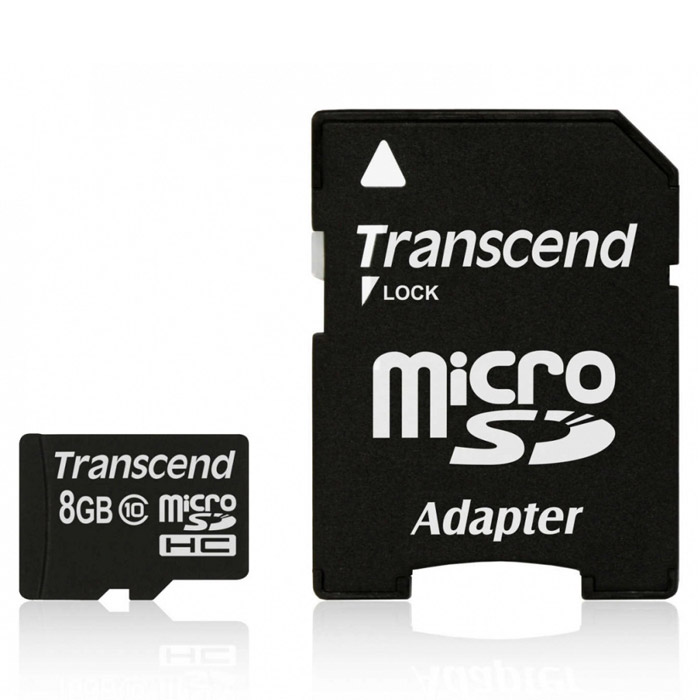 Transcend microSDHC Class 10 8GB карта памяти + адаптерTS8GUSDHC10 Transcend microSDHC Class 10 8GB карта памяти + адаптерTS8GUSDHC10Карта памяти Transcend microSDHC Class 10 обладает отличными рабочими характеристиками при размере всего лишь 1/10 от размера SD карты. Продукт отличает необычайная скорость класса 10, представленная Ассоциацией SD карт в качестве новых характеристик SD 3.0, скорость записи 10 MБ/сек. гарантирована. Карта памяти microSDHC класса 10 с высокими скоростными характеристиками, большим размером памяти до 32 ГБ при минимальном размере особенно рекомендована для использования в современных мобильных устройствах. Все microSDHC карты прошли строгие тестирования на совместимость и надежность, и имеют ограниченную гарантию от компании Transcend. Каждая карта снабжена встроенным ECC (корректирующим кодом), который отвечает за автоматические обнаружение и устранение ошибок в процессе передачи данных. Внимание: перед оформлением заказа убедитесь в поддержке вашим электронным устройством карт памяти данного объема.