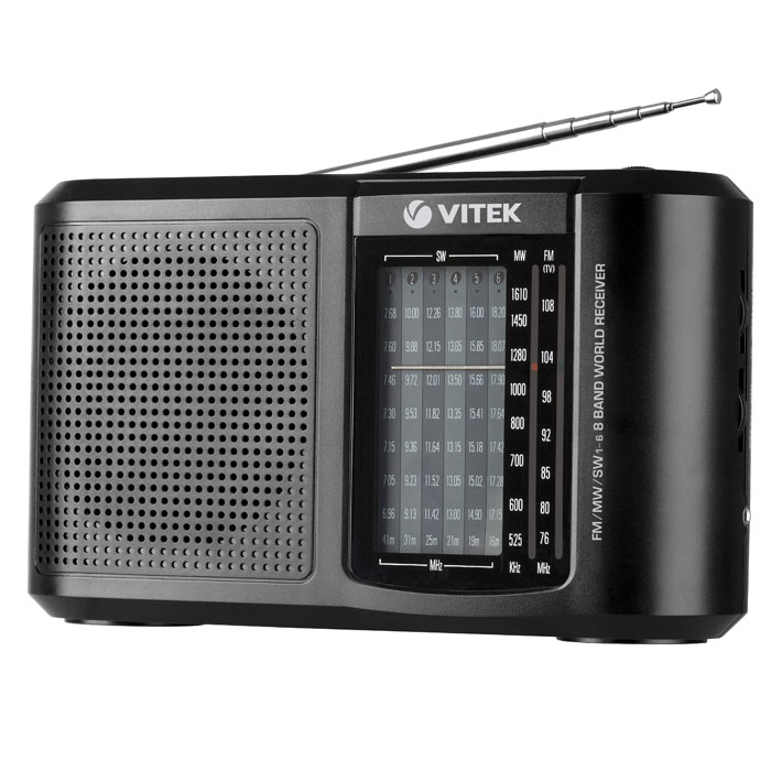 Vitek VT-3590, Black3590-VT-01 Vitek VT-3590, Black3590-VT-01Вы ищете радиоприемник, который одновременно был бы и компактным, и многофункциональным? Что ж, в этом случае обратите внимание на радиоприемник VITEK VT-3590 BK. С одной стороны – он довольно компактен. Габариты этой модели составляют всего лишь 220х131х63 миллиметра, что позволяет легко брать его с собой на прогулку или же в любую поездку. Тем более что он может работать не только от сети, но и от батареек. Немаловажно и то, что радиоприемник VITEK VT-3590 BK весит очень немного – всего 595 грамм. При этом он качественно принимает сигнал из разных диапазонов – FM, AM, SW. Телескопическая антенна Чувствительность 24 дБ Тип тюнера: аналоговыЙ Питание от сети или 2-х UM1 батарей Рабочие частоты: FM 64-108 MHz; AM 526.5-1606.5 KHz; SW1-SW6 7,10-17,90 МHz