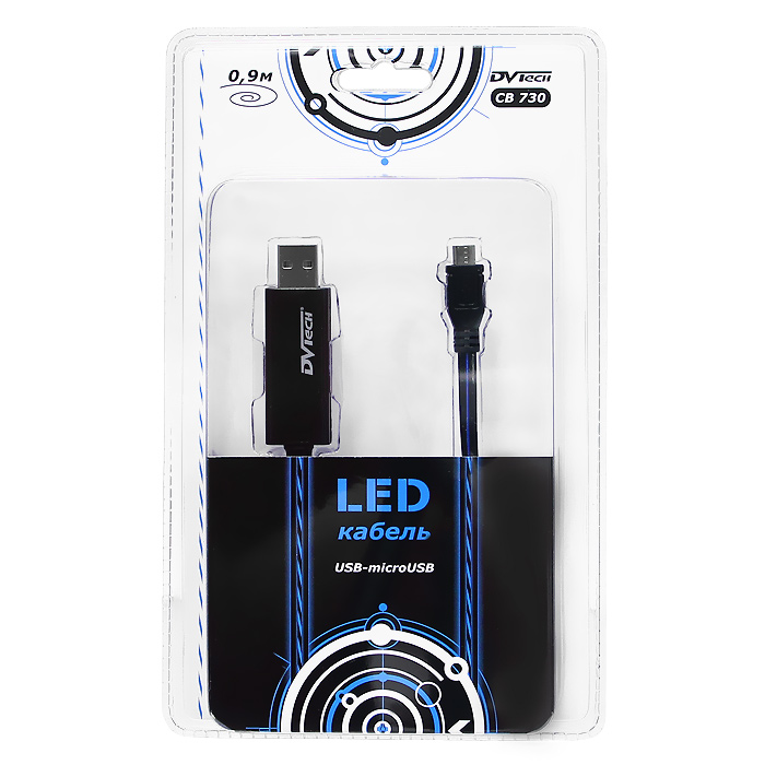 LED-кабель USB-micro USB DVTech CB 730, 0,9 мCB 730 LED-кабель USB-micro USB DVTech CB 730, 0,9 мCB 730Кабель CB 730 - стильный и оригинальный аксессуар со встроенной светодиодной подсветкой, которая служит для информирования о состоянии зарядки аккумулятора, а также как индикатор при передаче данных. Кабель СВ 730 предназначен для зарядки портативных устройств с разъемом micro-USB от стандартного USB порта и обмена данными между устройствами. Кабель поддерживает стандарт USB 2.0 и оптимизирован для высокой скорости передачи данных. Может использоваться с адаптерами USB со следующими характеристиками: выход 5 В до 1000 мА