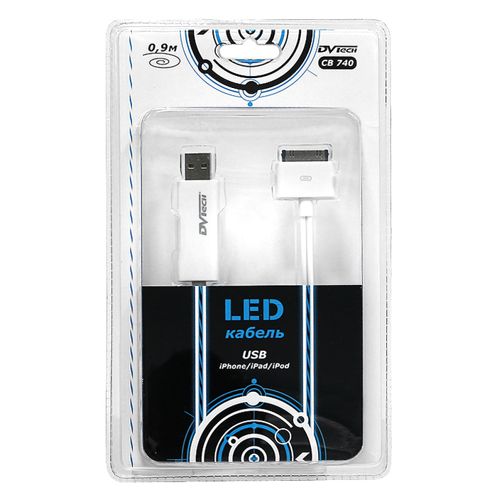 LED-кабель USB-iPhone / iPad / iPod DVTech CB 740, 0,9 мCB 740 LED-кабель USB-iPhone / iPad / iPod DVTech CB 740, 0,9 мCB 740Кабель СВ 740 - стильный и оригинальный аксессуар со встроенной светодиодной подсветкой, которая служит для информирования о состоянии зарядки аккумулятора, а также как индикатор при передаче данных. Кабель предназначен для зарядки портативных устройств iPhone (2G, 3G, 3G-s, 4, 4s), iPad (1-3) и iPod от USB порта, а также для синхронизации с компьютером напрямую или через док-станцию. Кабель поддерживает стандарт USB 2.0, оптимизирован для высокой скорости передачи данных.