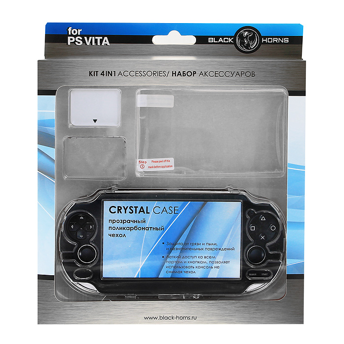 Набор аксессуаров Black Horns 4 in 1 для PS VitaBH-PSV0804( R) Набор аксессуаров Black Horns 4 in 1 для PS VitaBH-PSV0804( R)Прозрачный поликарбонатный чехол - это безопасная и наиболее удобная защита для вашей игровой консоли. Подходит для первых версии PS Vita. Защитная пленка на экран игровой консоли. Салфетка из материала микрофибра для очистки поверхности от пыли и грязи. Приспособление для удаления пузырьков воздуха из под защитной пленки при ее наклеивании.