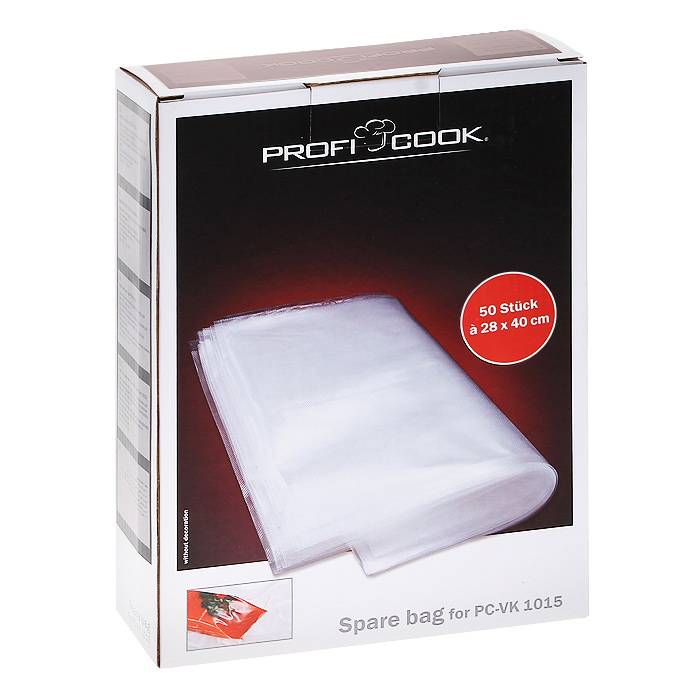 Profi Cook пакеты для вакуумного упаковщика PC-VK 1015 ЕВ, 28х40 см, 50 штPC-VK 1015 ЕВ 28*40 Profi Cook пакеты для вакуумного упаковщика PC-VK 1015 ЕВ, 28х40 см, 50 штPC-VK 1015 ЕВ 28*40Пакеты Profi Cook для вакуумного упаковщика PC-VK 1015 ЕВ с ребристой структурой по диагонали для повышения надежности и прочности на разрыв. Подходят для приготовления пищи и разогрева в микроволновой печи, а также су вид. Компактное безопасное хранение без консервантов, даже приготовленных продуктов. Пищевые продукты хорошо сохраняются и остаются свежими и сочными. В данные пакеты можно упаковывать сухие и влажные продукты.