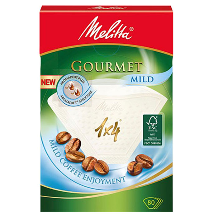 Melitta Gourmet Mild фильтры для заваривания кофе, 1х4/80 шт.0100971 Melitta Gourmet Mild фильтры для заваривания кофе, 1х4/80 шт.0100971Бумажные кофейные фильтры Melitta Gourmet Mild. Позвольте околдовать себя: насладитесь мягким вкусом кофе и его полным разнообразием ароматов благодаря улучшенным кофейным фильтрам Gourmet Mild. Крупнопористая структура бумаги Aromasoft обеспечивает быстрое взаимодействие воды с молотым кофе, что гарантирует мягкий и приятный вкус. Кроме того, инновационные аромапоры Aromapor PLUS способствуют оптимальной экстракции кофейных масел, которые являются носителями более чем 800 ароматов кофе и позволяют наслаждаться мягким соблазняющим кофе.Размер: 1x4Надежный двойной шов повышенной прочностиВысокий уровень прочности на разрыв и эффективности фильтрации