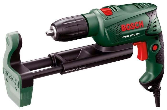Bosch PSB 500 RA ударная дрель (0603127021)PSB 500 RA Bosch PSB 500 RA ударная дрель (0603127021)PSB 500 RAУдарная дрель Bosch PSB 500 RA 0.603.127.021 - двухрежимный электроинструмент с двигателем мощностью 500 Вт, сконструированный для сверления различных материалов с ударом и без. Также возможно использование данной модели в качестве шуруповерта.