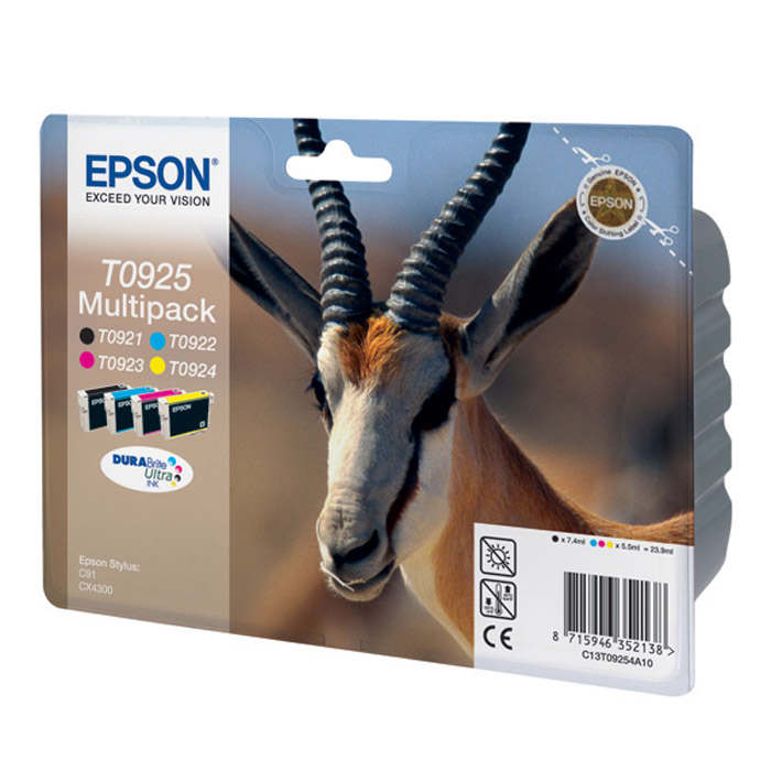 Epson T0925 Multipack (C13T10854A10) набор картриджей для Stylus C91, CX4300C13T10854A10 Epson T0925 Multipack (C13T10854A10) набор картриджей для Stylus C91, CX4300C13T10854A10Экономичная упаковка, содержащая полный набор картриджей для цветных принтеров Epson (Голубой, Пурпурный, Желтый, Черный).