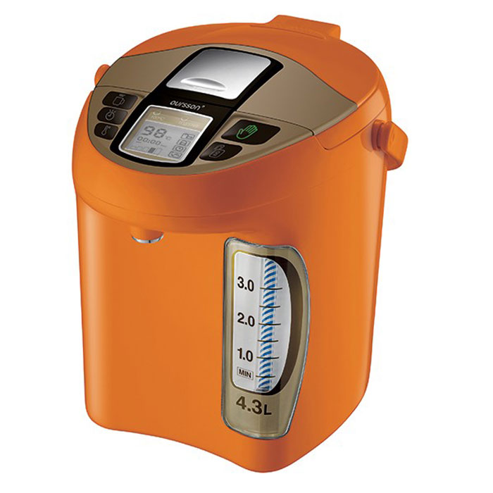 Oursson TP4310PD/OR, Orange термопот7640152894138 Oursson TP4310PD/OR, Orange термопот7640152894138Термопот Oursson — универсальный прибор, совмещает функцию чайника и термоса. В этом устройстве можно не только вскипятить воду, но и длительное время поддерживать температуру, выбрав один из пяти температурных режимов. Таким образом, если Вам повторно захочется чая, кипятить не придется - вода в термопоте по-прежнему будет горячей. Да и наливать удобно - не надо устройство подымать, наклонять, достаточно просто нажать на кнопку. У этого прибора есть еще несколько плюсов: он потребляет мало электроэнергии, а объем как минимум в два раза больше, чем у стандартного чайника. Вам осталось только выбрать один из цветов представленной палитры и уточнить объем.