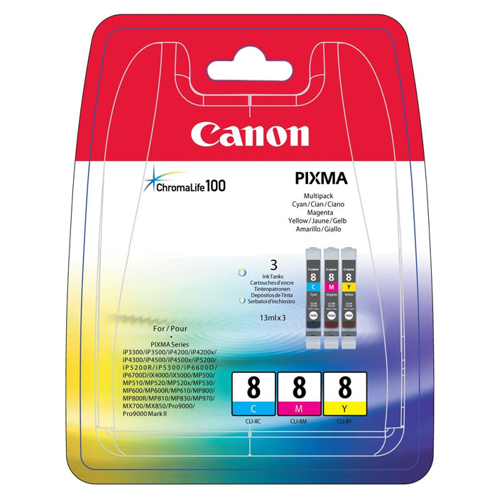 Canon CLI-8 Multipack набор картриджей (C/M/Y) для струйных МФУ/принтеров0621B029 Canon CLI-8 Multipack набор картриджей (C/M/Y) для струйных МФУ/принтеров0621B029Набор из трех картриджей Canon CLI-8 Multipack для струйных принтеров и МФУ Canon. Цвета: Cyan (голубой), Magenta (пурпурный), Yellow (желтый) Формат бумаги: 10x15 см Совместимость: Pixma iP3300, iP3500, iP4200, iP4300, iP4500, iP5200, iP5300, MP500, MP520, MP800, MP830, MP530, MP510, MP600, MP610, MP810, MP470, MX850, MX700, iX5000, iX4000, iP6600D, iP6700D, MP970, Pixma Pro9000, Pixma Pro9000 Mark II