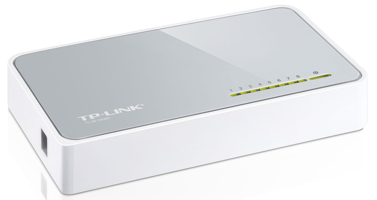 TP-Link TL-SF1008DTL-SF1008D TP-Link TL-SF1008DTL-SF1008DКоммутатор Fast Ethernet TP-Link TL-SF1008D предназначен для использования дома или в небольшом офисе, а также в рабочих группах.Все 8 портов поддерживают технологию авто-MDI/MDIX, не нужно беспокоится о типе кабеля, просто воткните кабель в устройство. Более того, благодаря инновационной энергосберегающей технологии коммутатор TL-SF1008D позволит сберечь до 70%* потребляемой электроэнергии. 80% упаковочного материала может быть использовано вторично. Поэтому коммутатор является экологически-безопасным решением для Вашей деловой сети. Превосходные рабочие характеристики Коммутатор Fast Ethernet TL-SF1008D оснащен 8 портами 10/100 Мбит/с с автосогласованием и разъемами RJ45. Все порты поддерживают функцию авто-MDI/MDIX, устраняя необходимость использования кабеля с перекрещивающимися парами или портов с поддержкой функции Uplink. Благодаря использованию неблокирующей архитектуры коммутатор TL-SF1008D может передавать и фильтровать пакеты на максимально возможной для...