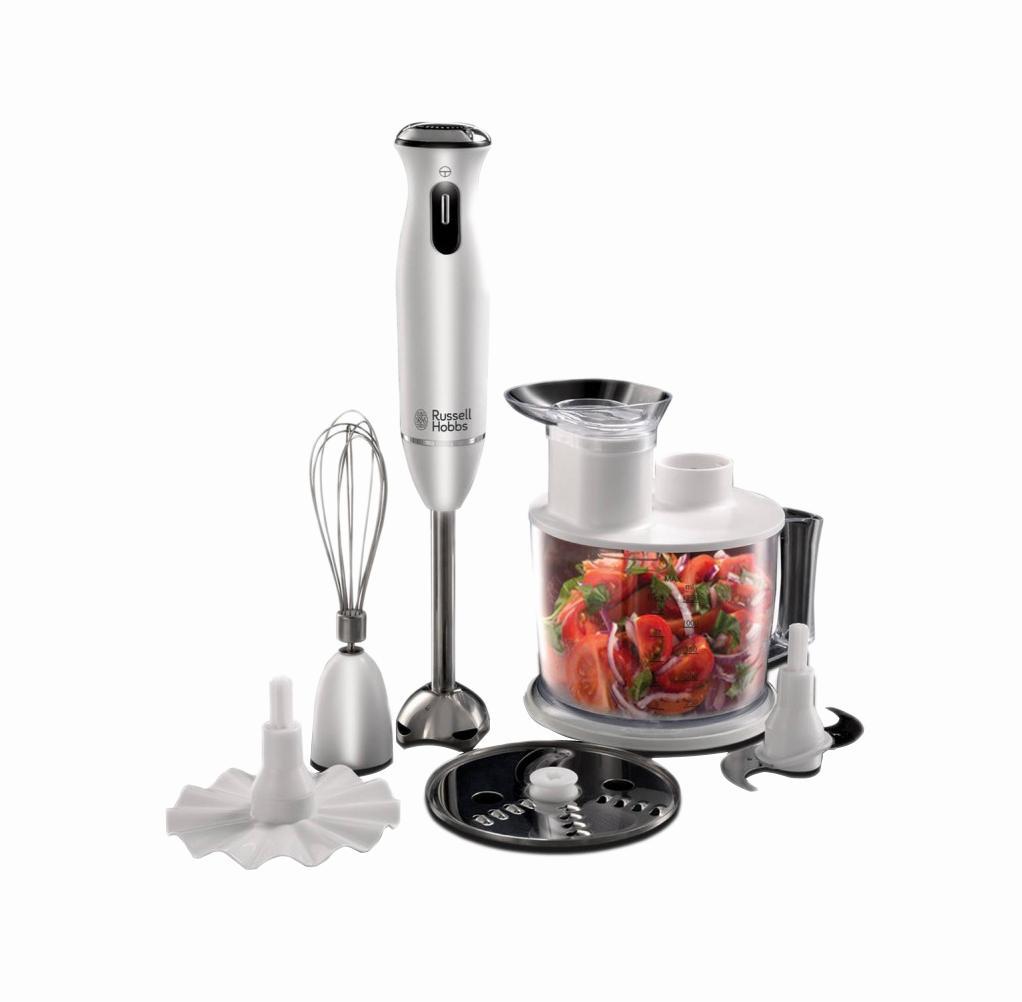Russell Hobbs 21500-56 Aura 6 в 1 погружной блендер21500-56 Aura 6 в 1 Russell Hobbs 21500-56 Aura 6 в 1 погружной блендер21500-56 Aura 6 в 1Забудьте о множестве кухонных приборов на вашей кухне. Погружной блендер Aura 6-в-1 с легкостью заменит их все вместе взятые для решения ваших задач: от смешивания и измельчения до более сложных рецептов. В дополнение к стандартной погружной насадке и венчику, блендер также содержит чашу кухонного комбайна емкостью 1.2 литра с насадками: нож для измельчения, диск-эмульгатор, диск терка-шинковка. Блендер крайне прост в использовании и легок в очисте. Кроме того, его дизайн, выполненный в ярком белом цвете, отлично подойдет к любому современному кухонному интерьеру. Погружной блендер Aura 6-в-1 - великолепный выбор для домашних кулинаров!