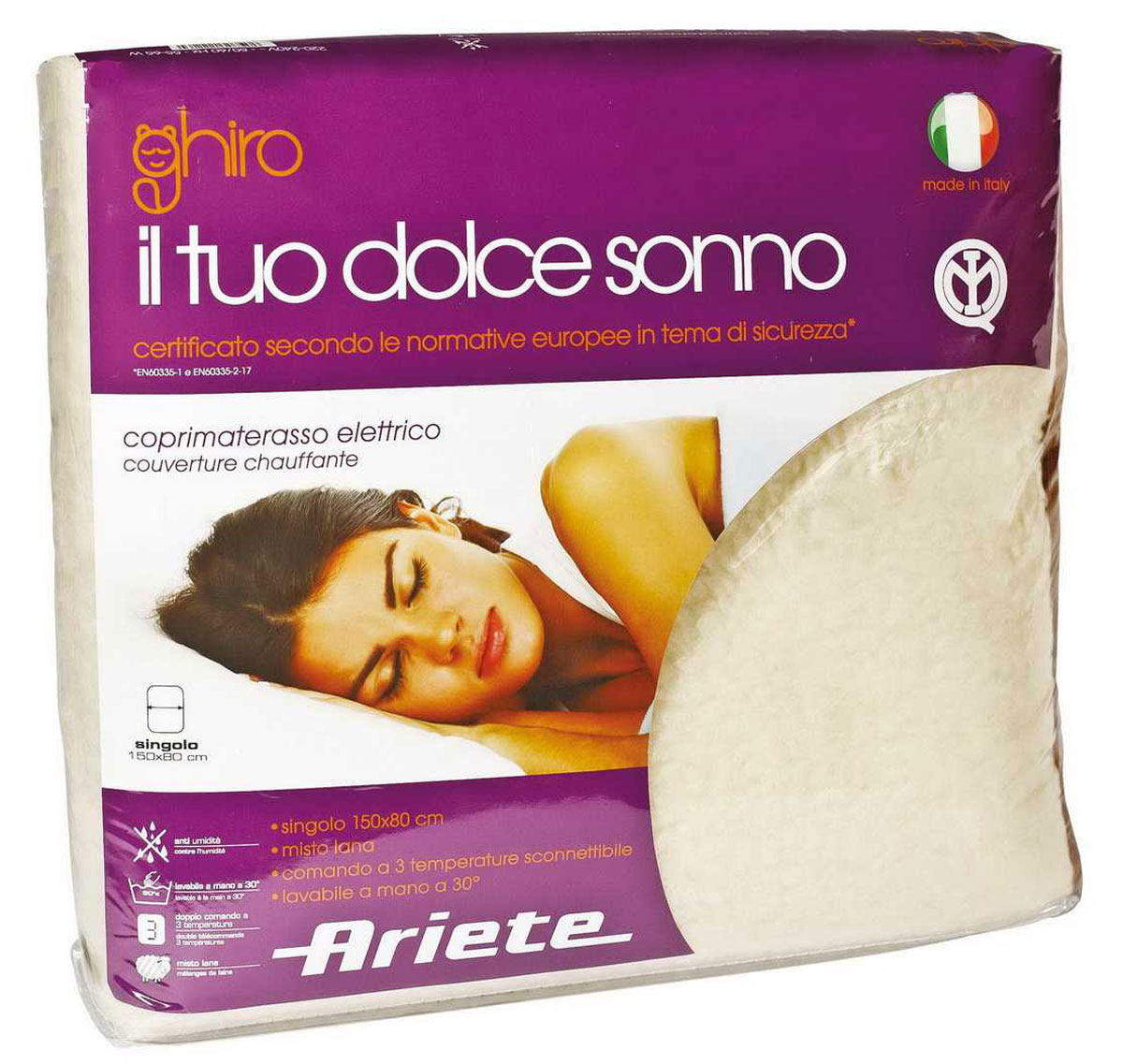 Ariete Single Wool Blend Underblanket электрооделяло (8812)8812 Ariete Single Wool Blend Underblanket электрооделяло (8812)8812Ariete Single Wool Blend Underblanket - это новая серия электрических одеял. Электроодеяло равномерно распределяет тепло по всей поверхности постели, устраняя влагу и обеспечивая комфортный отход ко сну. Имеет три уровня регулировки температуры.