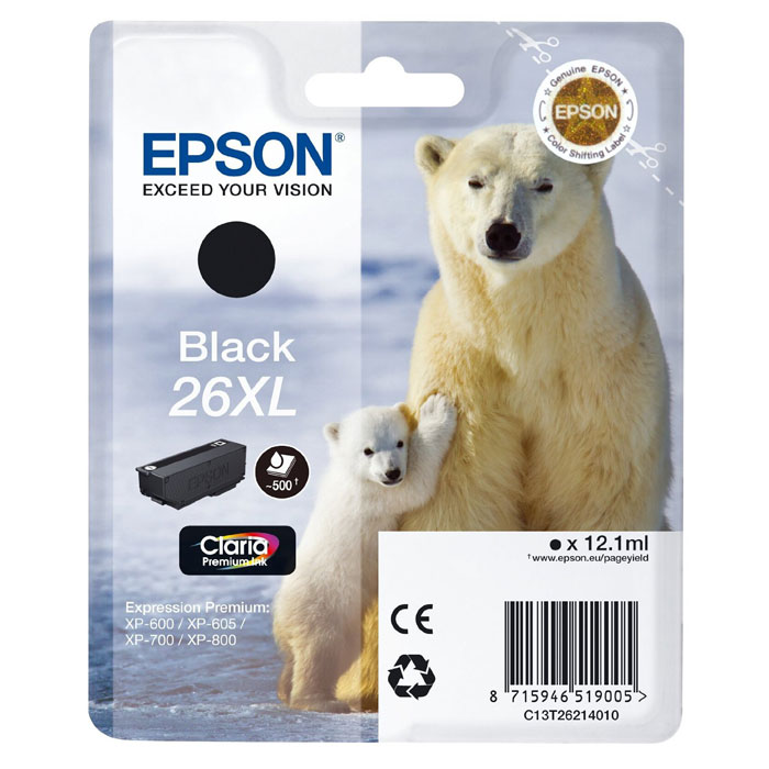 Epson T2621 26XL (C13T26214010), Black картридж для XP600/7/8C13T26214010 Epson T2621 26XL (C13T26214010), Black картридж для XP600/7/8C13T26214010Картридж с чернилами Epson T2621 26XL повышенной емкости для струйных принтеров.