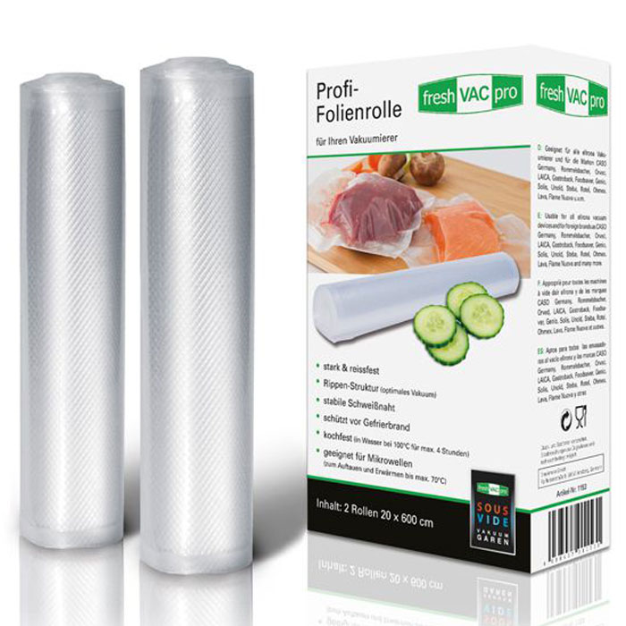 Ellrona FreshVACpro 20х600 пленка в рулоне для вакуумного упаковщика, 2 шт.FreshVACpro 20*600 Ellrona FreshVACpro 20х600 пленка в рулоне для вакуумного упаковщика, 2 шт.FreshVACpro 20*600Ellrona FreshVACpro 20х600 - 2 специальных прочных пакета для вакуумного упаковщика с ребристой структурой. Изделие способно выдержать температуру до 70°C в микроволновой печи. Также подходит для су-вид (максимальная температура 95°C, 4 часа).