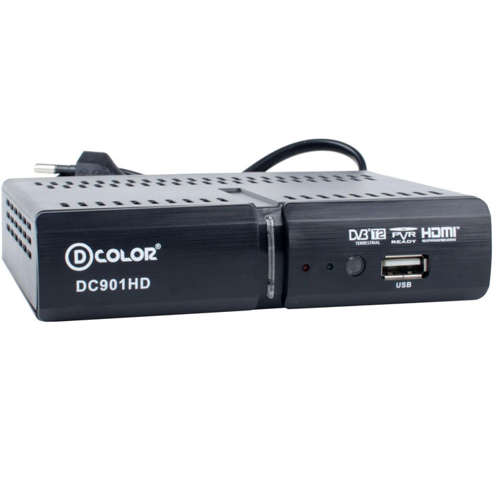 D-COLOR DC901HD, Black ТВ-тюнерDC901HD D-COLOR DC901HD, Black ТВ-тюнерDC901HDРесивер D-Color DC901HD обладает скромными габаритами, привлекательным дизайном и интуитивно понятным интерфейсом. Высокочувствительный тюнер Maxliner обеспечивает качественный прием цифрового сигнала формата DVB-Т/T2. Автоматический и ручной поиск каналов, удобное управление сохраненными каналами позволяет получать максимальное удовольствие от просмотра телепередач. D-COLOR DC901HD поддерживает воспроизведение внушительного количества форматов видео, музыки и фотографий с USB-накопителей, включая внешние жесткие диски.Также в устройстве реализована запись на подключенный накопитель по таймеру или онлайн, а также функция TimeShift, позволяющая приостановить эфир и продолжить просмотр позже с остановленного момента. Также необходимо отметить поддержку отображения телетекста, функцию EFG, таймеры включения и отключения, автоматическую синхронизацию времени, настройку отображения субтитров и многое другое. Модель оснащена видеовыходами RCA и HDMI, благодаря которым...