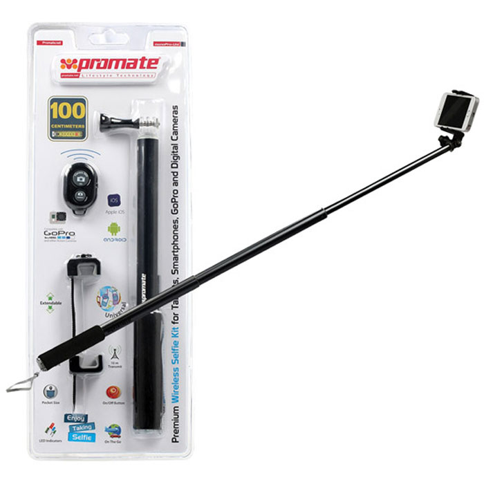 Promate monoPro-Uni монопод для селфи, Black00008414 Promate monoPro-Uni монопод для селфи, Black00008414С Promate monoPro-Uni вам удастся сделать шикарные селфи на смартфон, фотокамеру или GoPro. Просто установите камеру в держатель, направьте объектив на себя и всего одним нажатием на кнопку поставляемого в комплекте Bluetooth пульта сделайте снимок. Никаких таймеров, никаких ограничений. monoPro-Uni это лучший спутник в путешествие он поможет зафиксировать самые потрясающие моменты вашей жизни.