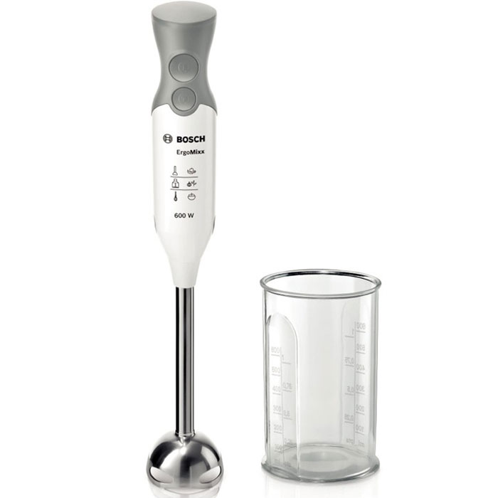 Bosch MSM66110, White Silver блендерMSM66110 Bosch MSM66110, White Silver блендерMSM66110Любая домохозяйка оценит приготовление свежих качественных блюд. Для их приготовления не надо быть профессиональным поваром. Благодаря новому блендеру Bosch MSM66110 White Silver вы быстро и просто добьетесь профессиональных результатов на собственной кухне. Легкий, со специальной эргономичной ручкой и приятным на ощупь нескользким покрытием блендер снабжен ножкой из нержавеющей стали с 4 острыми лезвиями QuattroBlade для быстрого измельчения и смешивания продуктов. Практичный защелкивающийся механизм позволяет легко отсоединять ножку блендера, которую можно помещать в посудомоечную машину.