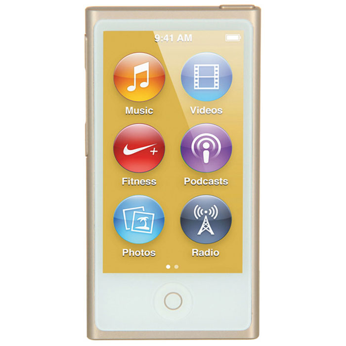 Apple iPod nano 16 GB (7 Gen), Gold MP3-плеерMKMX2RU/A Apple iPod nano 16 GB (7 Gen), Gold MP3-плеерMKMX2RU/AApple iPod nano 16 GB (7 Gen) - самый тонкий iPod. Его толщина всего 5,4 мм, а размер сравним с размером кредитной карты. 2,5-дюймовый дисплей Multi-Touch почти в два раза больше дисплея предыдущего iPod nano, так что на экране будет еще больше музыки, фотографий и видео. Кнопки позволяют легко управлять воспроизведением и громкостью. Новый корпус из анодированного алюминия выглядит утонченно и элегантно. И, конечно, iPod nano неизменно радует разнообразием своих цветов - ярких и абсолютно неотразимых.Задаем ритм:Просто прикоснитесь, чтобы включить вашу любимую песню. Или целый альбом. Или все композиции одного исполнителя. Вы можете просматривать медиатеку по жанрам или композиторам. Полистайте всю коллекцию музыки - обложки альбомов на увеличенном экране выглядят просто великолепно. Или просто встряхните iPod nano - и он перейдет к случайной песне из вашей медиатеки.Видео. Маленький большой экран:Теперь вы можете смотреть бесплатные подкасты и домашнее видео на широкоэкранном 2,5-дюймовом Multi-Touch дисплее iPod nano. Коснитесь для воспроизведения, перемотки вперед/назад и паузы. С iPod nano вы всегда и везде сможете развлечься.Технология Bluetooth:Теперь слушать музыку будет еще удобнее - потому что iPod nano оснащен встроенной технологией Bluetooth 4.0. Это значит, что к нему можно легко подключать беспроводные наушники, динамики и автомобильные аудиосистемы, поддерживающие технологию Bluetooth. Когда нет проводов, вы чувствуете себя гораздо свободнее. Вам, например, не придется тратить время на распутывание наушников. А если ваша автомобильная аудиосистема поддерживает Bluetooth, то как только вы сядете за руль, Ваш iPod nano сможет начать воспроизведение с того места, на котором вы остановилисьРадио:FM-радио на iPod nano будет держать вас в курсе событий. Футбольные матчи, истории о знаменитостях, любимые ток-шоу - слушайте все, что хотите. Просто подключите наушники и коснитесь дисплея - на нем появятся элементы управления радио. Пролистайте шкалу радиоприемника, чтобы сменить радиостанцию. Добавляйте закладки одним касанием. Нужен перерыв? С функцией Живая пауза вы не пропустите ни минуты. Одним касанием поставьте песню или программу на паузу. Затем коснитесь еще раз, чтобы продолжить. Можно даже включить перемотку назад - чтобы вспомнить текст любимой песни. Или вперед, чтобы вернуться к прямой трансляции.Новые наушники EarPods:Инженеры и дизайнеры Apple разработали наушники, которые комфортно размещаются в ушах любой формы и не выпадают - обеспечивая звук прекрасного качества. Они протестировали 124 различных прототипов с участием более 600 людей. Результат оказался ошеломляющим. Эти наушники получили название EarPods. Прекрасное качество звука ставит их в один ряд с наушниками класса high-end.Разъем Lightning:Поскольку iPod nano стал тоньше, потребовалось важное изменение: на смену 30-контактному разъему пришел новый, более компактный и функциональный. Новый разъем Lightning значительно надежнее 30-контактного разъема. Поскольку разъем двусторонний, подключить кабель неправильно просто невозможно. Если у вас есть аксессуары для iPod nano, которые подключаются через 30-контактный разъем, их по-прежнему можно подключать к iPod nano, используя адаптер Lightning/30-контактный разъем (продается отдельно).Фитнес:Pod nano - идеальный партнер для тренировок. Музыка помогает сохранить мотивацию, а интеллектуальные функции отслеживают нагрузки в режиме реального времени. Для того чтобы следить за числом шагов, пройденным расстоянием, скоростью и временем, больше не нужны датчики в кроссовках и приемники. Ведь в iPod nano встроена поддержка Nike+ и шагомер. Встроенная технология Bluetooth позволяет подключать беспроводной пульсомер или наушники - занятия спортом становятся проще. В конце тренировки вы можете синхронизировать iPod nano со специализированным сайтом, чтобы следить за своими достижениями и успехами, сравнивать их с достижениями друзей и проверять количество очков NikeFuel. Главное - не забудьте повторить все это на следующий день.Фотографии:Вы можете носить с собой несколько тысяч фотографий и поделиться ими с друзьями в любой момент - где бы вы ни были. Увеличенный дисплей iPod nano превосходно подходит для просмотра фотографий. Просто разведите пальцы, чтобы увеличить фотографию, и докажите своим коллегам, что вы вовсе не кричите от страха на канатной дороге в Италии, а просто мило улыбаетесь. Или посмейтесь над тем, в какой позе спит ваша собака. Ведь помимо всех остальных своих достоинств, iPod nano - это отличный маленький фотоальбом.Подкасты:Если вы чем-то увлекаетесь, для этого, скорее всего, найдется подкаст. И вы сможете слушать и смотреть его прямо на iPod nano. Просматривайте подкасты в соответствующей категории iTunes. Как только вы найдете то, что вас заинтересовало, подпишитесь. Так вы точно ничего не пропустите.iTunes:iTunes - это лучший способ заполнить ваш iPod nano музыкой, фильмами, телепередачами, аудиокнигами, подкастами и многим другим. Просто загрузите вашу коллекцию компакт-дисков в iTunes. Затем вы сможете создавать плейлисты и синхронизировать их с вашим iPod nano.