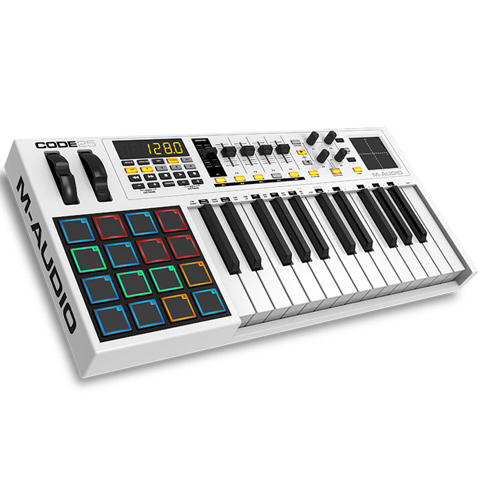 M-Audio Code 25 midi-клавиатураMCI53474 M-Audio Code 25 midi-клавиатураMCI53474Midi-контроллер M-Audio Code 25, выполненный в дизайнерском стиле «Mondrian-esque», поражающий воображение. Code контроллеры оборудованы всем необходимым для создания самого серьезного музыкального творения. Обширные параметры назначаемых регуляторов, банк фейдеров, ручки, кнопки, пэды и колеса модуляции и тона уже знакомы нашему взору, а новое в линейке контроллеров это X/Y Touchpad, который дает дополнительное и прямое взаимодействие с параметрами плагинов эффектов и инструментов через X/Y ось. Плюс клавиатура может быть разделена на 4 назначаемые зоны для максимальной гибкости и функциональности. Почти каждое DAW использует сочетание клавиш для выполнения общих функций (добавление треков, вырезание, вставка и т. д). теперь с поддержкой ASCII/HID команды сочетания клавиш можно сопоставить часто используемые прямо в сам контроллер, упорядочив рабочий процесс и сделав его более быстрым и эффективным. Code также поддерживает Mackie Control/HUI...