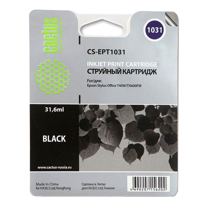 Cactus CS-EPT1031, Black струйный картридж для Epson Stylus Office T40/T40w/TX600/TX600fwCS-EPT1031 Cactus CS-EPT1031, Black струйный картридж для Epson Stylus Office T40/T40w/TX600/TX600fwCS-EPT1031Картридж Cactus CS-EPT1031 для струйных принтеров Epson. Расходные материалы Cactus для монохромной печати максимизируют характеристики принтера. Обеспечивают повышенную чёткость чёрного текста и плавность переходов оттенков серого цвета и полутонов, позволяют отображать мельчайшие детали изображения. Обеспечивают надежное качество печати.