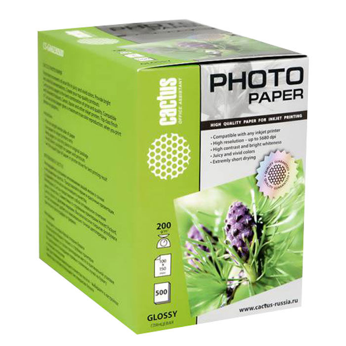 Cactus CS-GA6200500 глянцевая фотобумагаCS-GA6200500 Cactus CS-GA6200500 глянцевая фотобумагаCS-GA6200500Глянцевая фотобумага Cactus CS-GA6200500. Наслаждайтесь лучшими мгновениями вашей жизни в сочных и насыщенных цветах. Представляйте яркие и красочные презентации. Создавайте отпечатки высочайшего качества. Фотобумага Cactus представляет собой оптимальное сочетание цены и качества. Совместима со струйными принтерами Hewlett Packard, Canon, Epson и другими марками. Высококлассное покрытие фотобумаги Cactus позволяет добиться максимально точной цветопередачи при печати фотографий и графики. Предназначена только для струйных принтеров.