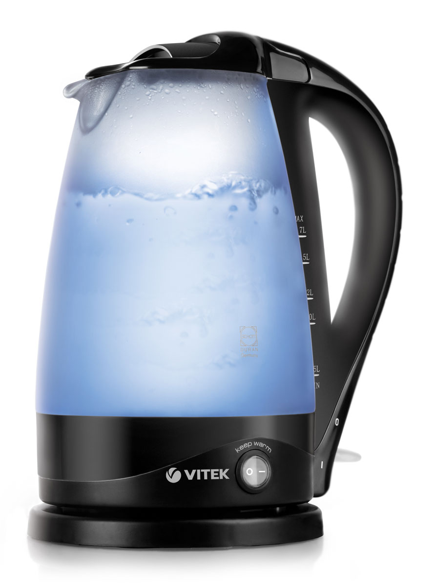 Vitek VT-1156, Black электрочайникVT-1156 Vitek VT-1156, Black электрочайникVT-1156Чайник VITEK VT-1156 - это поистине гармоничное сочетание стиля и функциональности. Уникальная модель покорит своим дизайном как ценителей классики, так и приверженцев стиля hi-tech. Такая универсальность придаст изюминку интерьеру любой кухни. Одновременно с оригинальным дизайном чайник выделяется своей экологичностью. Корпус модели выполнен из термостойкого экологичного стекла немецкой фирмы Schott Duran - это гарантия здоровья и безопасности вашей семьи: такое стекло не лопнет под воздействием высоких температур и сохранит полезные свойства воды. Наличие специального съемного фильтра также обеспечит изначальное качество воды. Благодаря объему чайника 1,7 литра и мощности 2200 Вт вода вскипятится в считанные минуты, и вы легко угостите вкуснейшими горячими напитками всю семью или большую компанию друзей. Определить, на каком этапе кипячения находится вода в чайнике поможет технология Color fusion - внутренняя подсветка изменяется в зависимости от температуры нагрева воды. Позаботится о ваших гостях и технология Keep Warm, поддерживающая заданную температуру воды и позволяющая избежать повторного кипячения, которое нейтрализует полезные свойства воды. Использование в чайнике скрытого нагревательного элемента позволит безопасно кипятить даже небольшое количество воды, а также легко ухаживать за прибором. Определить количество воды в чайнике поможет шкала уровня воды на корпусе прибора. Для удобства обращения с чайником корпус вращается на 360 градусов. А безопасность обеспечат такие функции, как автоотключение при закипании воды и защита от перегрева. Чайник VITEK VT-1156 позволит ощутить всю простоту приготовления горячих напитков, сохранит изначальный вкус и полезные свойства воды, а также превратится в стильный аксессуар на вашей кухне!