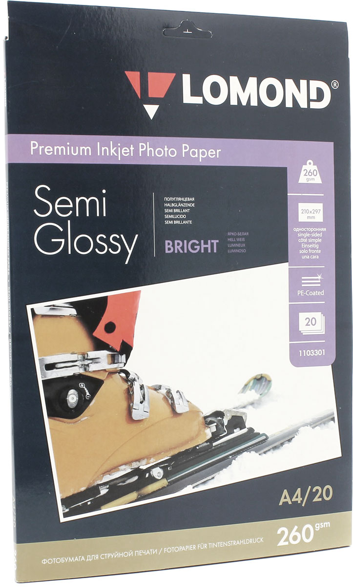 Lomond Semi Glossy Bright 260/A4/20л полуглянцевая ярко-белая1103301 Lomond Semi Glossy Bright 260/A4/20л полуглянцевая ярко-белая1103301Полуглянцевая (Semi Glossy) микропористая фотобумага Lomond для струйной печати.Микропористое покрытие обеспечивает столь же высокое качество печати, как и традиционная фотография. Себестоимость отпечатков на бумаге Lomond Premium Photo c использованием картриджей Lomond - ниже, чем стоимость отпечатков, получаемых по традиционной технологии с использованием химических реактивов. Благодаря полиэстеровому покрытию бумажной основы бумага Lomond Premium Photo совершенно не подвержена короблению после прохода через принтер даже при самой интенсивной заливке чернилами.Модификация Semi Glossy занимает промежуточное положение между микропористыми бумагами, имитирующими матовую поверхность и бумагами с высоким глянцем.