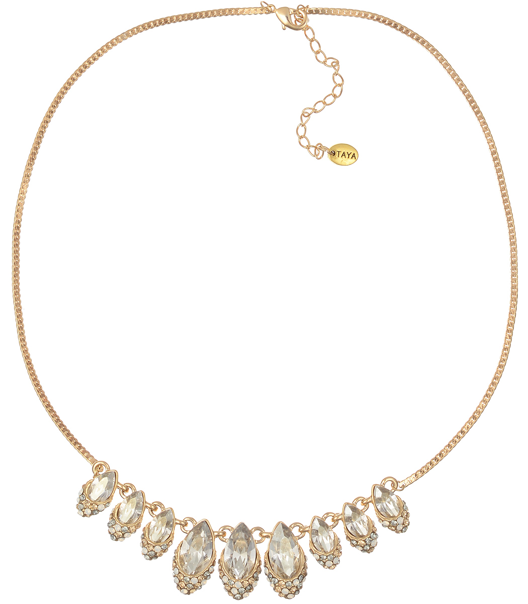 Колье Taya, цвет: золотистый, белый. T-B-7116T-B-7116-NECK-GL.WHITE Колье Taya, цвет: золотистый, белый. T-B-7116T-B-7116-NECK-GL.WHITEЭлегантное колье Taya выполнено из бижутерийного сплава. Центральная часть колье оформлена подвеской, состоящей из девяти элементов каплевидной формы, которые дополнены стразами. Колье застегивается на практичный замок-карабин, длина изделия регулируется за счет дополнительных звеньев. Колье Taya выгодно подчеркнет изящество, женственность и красоту своей обладательницы.