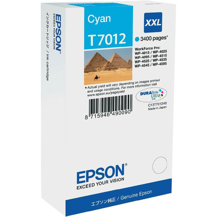 Epson T7012 XXL (C13T70124010), Cyan картридж для WorkForce Pro WP-4000/5000 seriesC13T70124010 Epson T7012 XXL (C13T70124010), Cyan картридж для WorkForce Pro WP-4000/5000 seriesC13T70124010Картридж Epson T7012 XXL экстраповышенной емкости с голубыми чернилами для Epson WorkForce Pro WP-4000/5000 series служит для печати превосходных фотоснимков и рассчитан на 3 400 страниц печати.