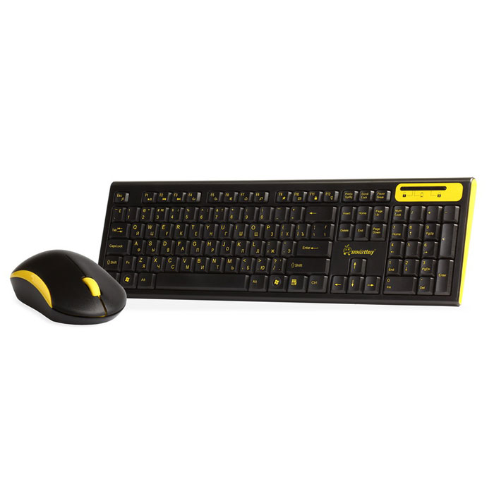 SmartBuy SBC-23350AG, Black Yellow клавиатура + мышьSBC-23350AG-KY SmartBuy SBC-23350AG, Black Yellow клавиатура + мышьSBC-23350AG-KYКлавиатура и мышь SmartBuy SBC-23350AG - это беспроводной мультимедиа комплект с технологией автоматического отключения питания для максимальной экономии энергии. Функция Auto On/off не требует наличия кнопки вкл/выкл. После шести минут бездействия мыши происходит переход в спящий режим (для выхода из него необходимо нажать любую кнопку мыши). Для предотвращения включения мыши вследствие случайного нажатия кнопок при выключенном компьютере просто вытащите ресивер из USB порта компьютера. Нано-ресивер - компактный приемник сигнала, который можно оставлять включенным в порт компьютера даже при транспортировке, не боясь его потери или повреждений, т.к. он выступает из корпуса компьютера всего лишь на несколько миллиметров. Чувствительный оптический сенсор мыши обеспечивает точное позиционирование курсора и позволяет работать практически на любой поверхности. Легкая установка - для работы не нужны никакие дополнительные драйверы!