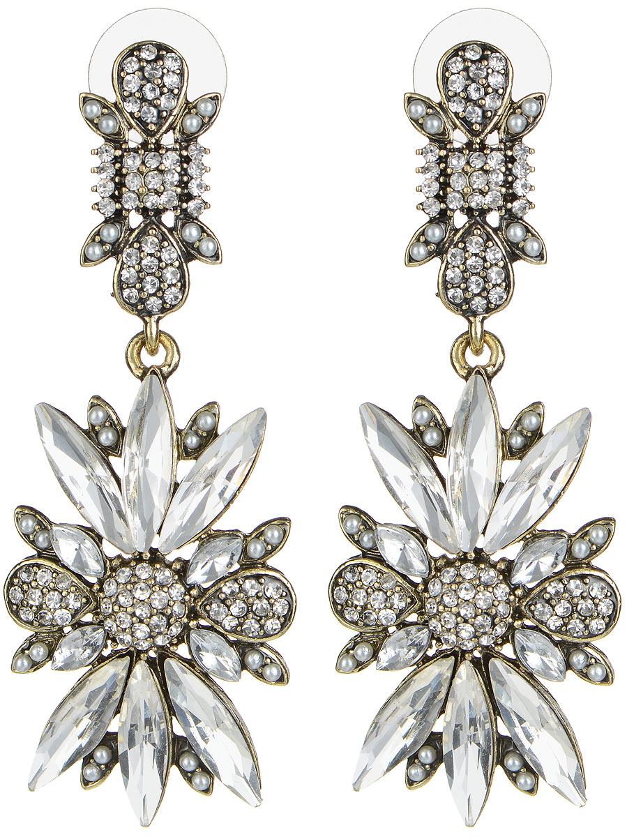 Серьги Taya, цвет: золотистый, серебристый. T-B-10083T-B-10083-EARR-GL.SILVER Серьги Taya, цвет: золотистый, серебристый. T-B-10083T-B-10083-EARR-GL.SILVERСтильные серьги Taya выполнены из бижутерийного сплава и стекла. Изделие дополнено подвеской в виде цветка, которая оформлена сияющими стразами. Серьги застегиваются на практичный замок-гвоздик с фиксаторами. Серьги Taya блестяще подчеркнут изящество, женственность и красоту своей обладательницы.