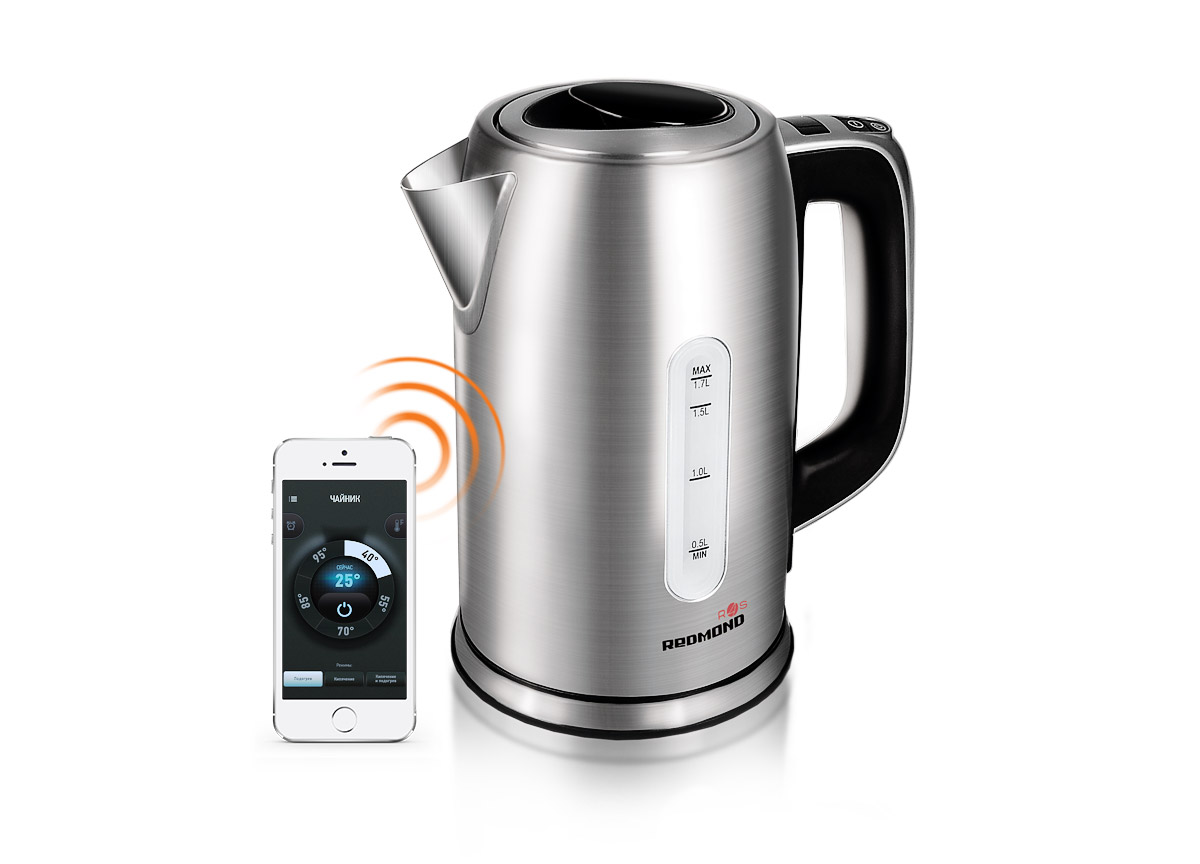 Redmond SkyKettle RK-M171S, Metallic умный электрический чайникRK-M171S Redmond SkyKettle RK-M171S, Metallic умный электрический чайникRK-M171SЭлектрический чайник Redmond SkyKettle RK-M171S – новая оригинальная модель с обширным функционалом и удобным дистанционным управлением. Благодаря инновационной технологии Ready for Sky управлять умным чайником можно из любой точки мира со смартфона или планшета. Мобильное приложение позволяет вскипятить воду на расстоянии – одним касанием к экрану смартфона.Через мобильное приложение R4S можно выбрать желаемое время подогрева воды и установить идеальную температуру для заварки любимого сорта чая, приготовления детского питания и создания авторских напитков – для этого здесь предусмотрено 13 режимов!Redmond SkyKettle RK-M171S имеет ряд крайне важных функций, в частности это автоотключение при закипании, при отсутствии воды и при снятии чайника с подставки. Ненагревающаяся ручка, термодатчик и съемный фильтр для защиты от накипи – дополнительные преимущества Smart Kettle.Практичная модель представлена в изысканном серебряном оттенке. С точки зрения дизайна серебро идеально подходит для абсолютно разных стилей интерьера, придавая ему особую выразительность и шарм. Стильный дизайн, впечатляющие характеристики и простота в использовании делают Redmond SkyKettle RK-M171S гениальным изобретением на кухне своего продвинутого пользователя!Функция нагрева воды без кипячения (30 - 95°С)Автоматическое поддержание заданной температуры до 12 часов Минимальная поддерживаемая версия Android: 4.3 Jelly BeanМинимальная поддерживаемая версия iOS: 8.0Контактная группа с термодатчиком: StrixВращение на подставке: 360°