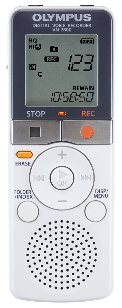 Olympus VN-7800, White диктофонV404171WE000 Olympus VN-7800, White диктофонV404171WE000Запись заметок стала еще проще! Модель Olympus VN-7800 оснащена 4 ГБ встроенной памяти, что гарантирует запись до 2200 заметок. Функция индексации и разбивки файлов облегчают поиск нужного места при прослушивании. Повторное воспроизведение, регулируемая скорость воспроизведения и другие функции обеспечивают комфортное прослушивание. А поддержка голосовой активации позволит производить запись без помощи рук. Длительная работа от батарей гарантирует до 80 часов записи (в режиме SP). Универсальный диктофон для тех, кому нужна отличная функциональность по доступной цене.