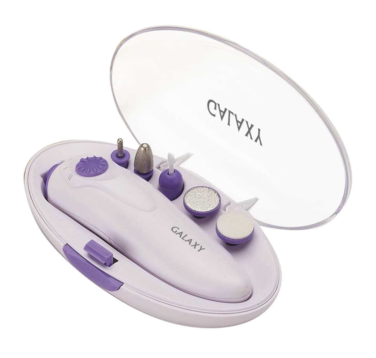 Galaxy GL4912, Lilac набор для маникюра и педикюра4650067301730 Galaxy GL4912, Lilac набор для маникюра и педикюра4650067301730Набор Galaxy GL4912 позволит делать профессиональный маникюр и педикюр не выходя из дома. В комплект входят пять съемных насадок: войлочный диск для удаления огрубевшей кожи, мягкий диск для полировки, конусообразная насадка, цилиндрическая насадка, насадка-лопатка для обработки кутикулы. Прибор работает от батареек типа АА (не входят в комплект поставки). Набор упакован в компактный пластиковый кейс.