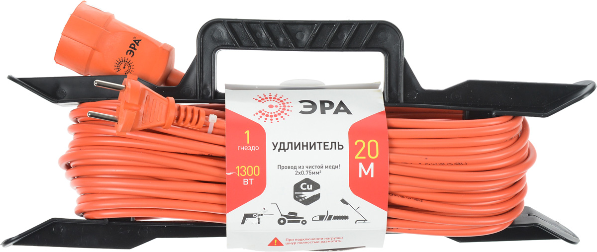Удлинитель силовой ЭРА UF-1-2x0.75-20m, с рамкой, 1 гнездо, 20 мUF-1-2x0.75-20m Удлинитель силовой ЭРА UF-1-2x0.75-20m, с рамкой, 1 гнездо, 20 мUF-1-2x0.75-20mСиловой удлинитель ЭРА UF-1-2x0.75-20m предназначен для бытового применения и обеспечивает возможность присоединения электрического приемника к однофазной электрической сети с номинальным напряжением 220В. За счет большой длины кабеля незаменим на садовом участке, при проведении строительных и ремонтных работ. Провод выполнен из чистой меди. Удлинитель оснащен пластиковой рамкой с ручкой. Технические характеристики: Сечение провода: 2 х 0,75 мм2. Номинальное напряжение: 220В. Максимальное напряжение: 250В. Максимальная нагрузка с размотанным шнуром: 650 Вт. Максимальная нагрузка со смотанным шнуром: 1300 Вт. Наличие заземляющего контакта: нет. Температура эксплуатации: от +5°С до +40°С. Относительная влажность: не более 85%. Срок службы: 5 лет.
