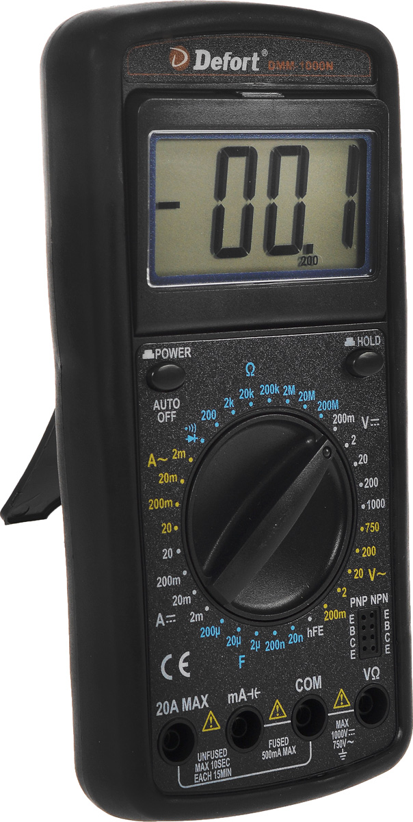 Мультитестер Defort DMM-1000N98298123_черный Мультитестер Defort DMM-1000N98298123_черныйЦифровой мультитестер Defort DMM-1000N предназначен для измерения напряжения постоянного тока (V DC), силы постоянного тока (A DC), напряжения переменного тока (V AC), силы переменного тока (А АС), сопротивления (Ом), для проверки диодов, а также непрерывности электрических цепей (прозвонки). Особенности: Широкий диапазон применения; Защитный резиновый чехол. Постоянное напряжение: 0-1000 В Переменное напряжение: 0-750 В Постоянный ток: 0-20 А Переменный ток: 0-20 А Сопротивление: 0-20 МОм Индикация перегрузки Индикация полярности